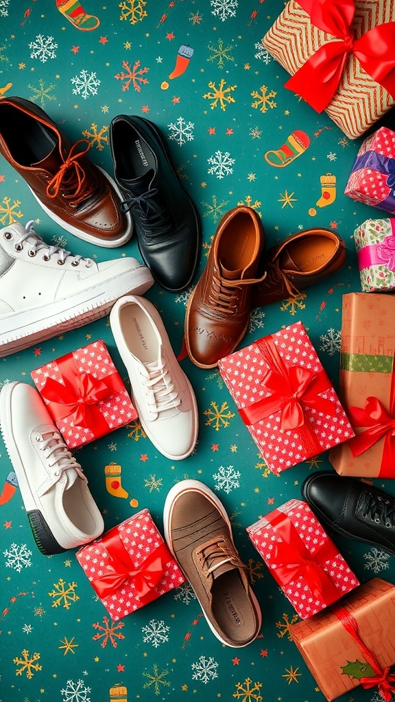 A collection of stylish shoes in a festive setting, perfect for Christmas gifts.